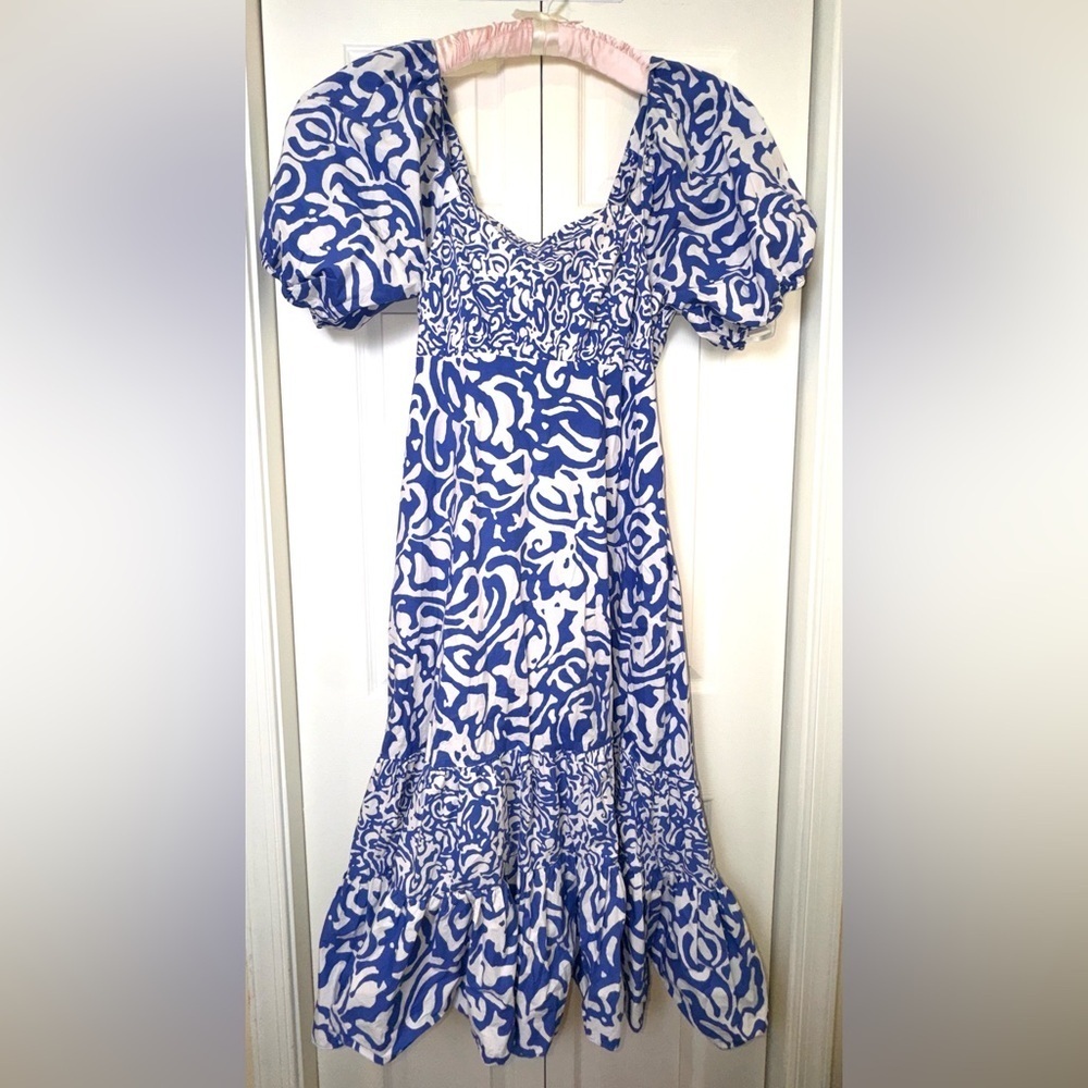 Tanya Taylor Cynthia Cotton Poplin Midi tiered  tiered Dress Size 14 Blue EUC